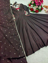 Ravishing Brown Satin Silk Sequence Work Gown